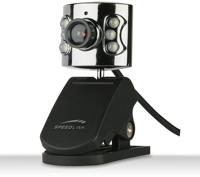 SPEEDLINK Webcam mit schwarzem Clip, silbernem Gehäuse und integrierten Infrarot-LEDs zur Nachtsicht