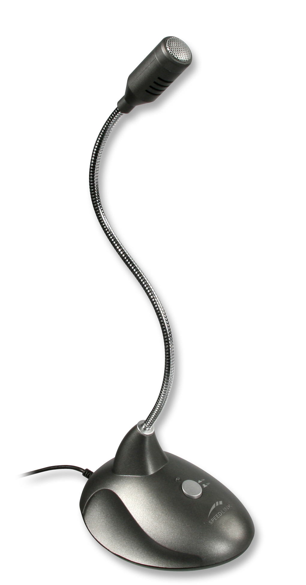 Schwarzes Tischmikrofon mit flexiblem Schwanenhals und rundem Standfuß, geeignet für Computer und Sprachaufnahmen