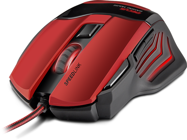 Rote und schwarze Speedlink Gaming-Maus mit Kabel und ergonomischer Form für präzise Steuerung beim Spielen