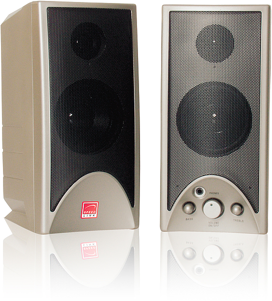 Zwei graue PC-Lautsprecher mit Frontgitter, Reglern für Bass, Lautstärke und Höhen sowie Kopfhöreranschluss