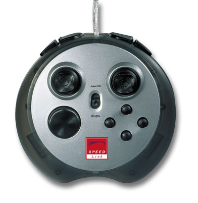 Rundes SPEED LINK Gamepad mit zwei Joysticks, Steuerkreuz und mehreren Tasten in silber-schwarz
