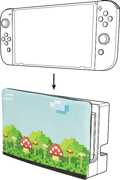 Abnehmbare Schutzhülle im Retro-Pixel-Design für das Nintendo Switch Dock mit buntem Pilz-Motiv