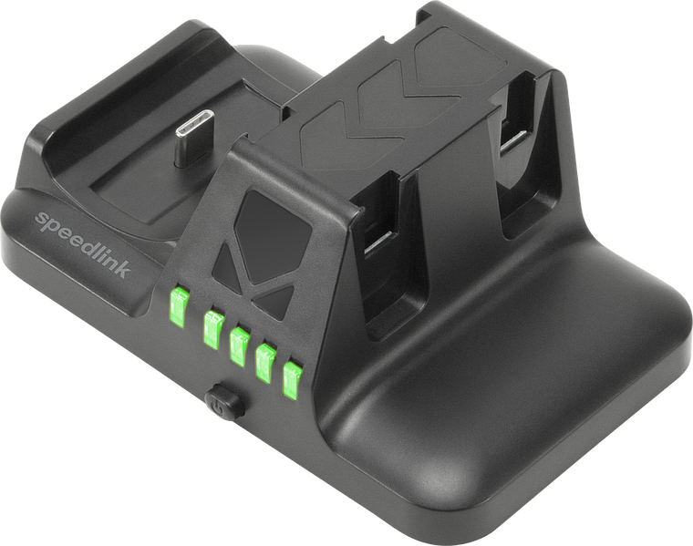 Schwarze Speedlink Dual-Ladestation mit vier grünen LED-Anzeigen zur gleichzeitigen Ladung von zwei Controllern und Akkus