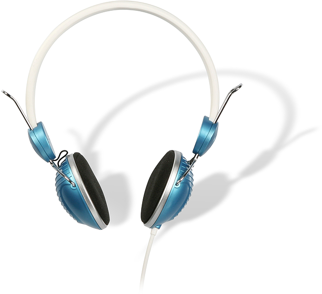 Blauer On-Ear-Kopfhörer mit weißem Bügel und Kabel, isoliert vor weißem Hintergrund