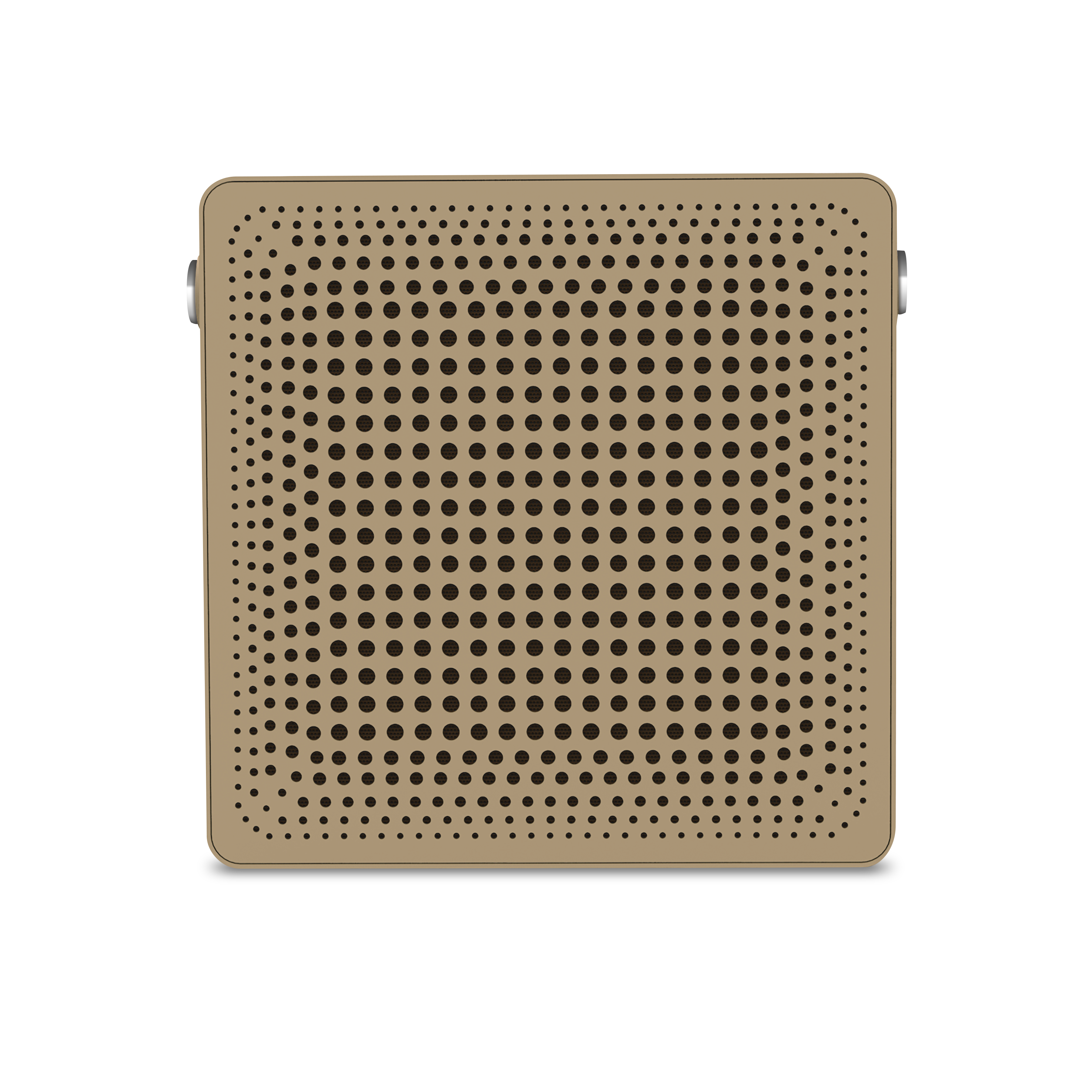 Quadratischer, brauner Bluetooth-Lautsprecher mit Lochmuster-Frontansicht auf schwarzem Hintergrund