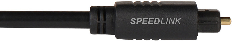 Nahaufnahme eines SPEEDLINK optischen Toslink-Kabels mit Stecker für digitale Audioverbindungen