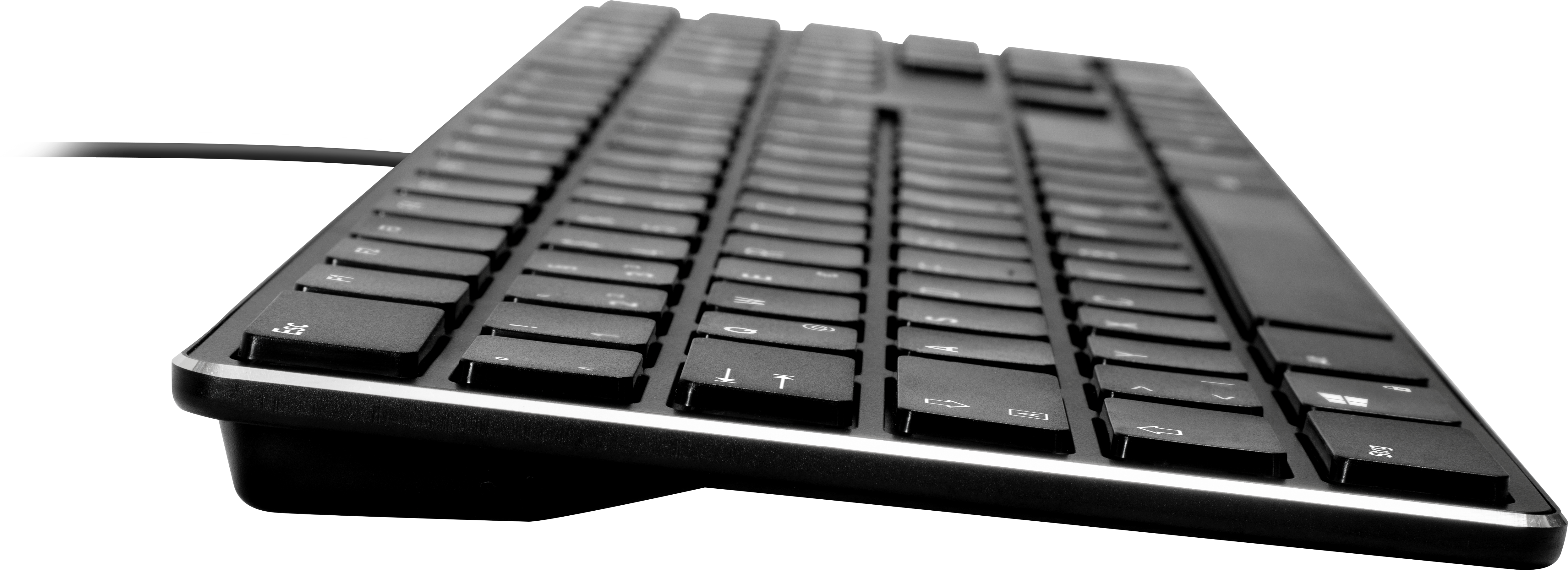 Seitliche Nahaufnahme einer flachen schwarzen Tastatur mit Kabelanschluss