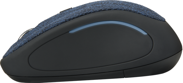 Seitenansicht einer ergonomischen kabellosen Computermaus mit blauer Stoffoberfläche und schwarzem Gehäuse