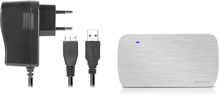 Speedlink externes Festplattengehäuse aus gebürstetem Aluminium mit Netzteil und USB-Kabel