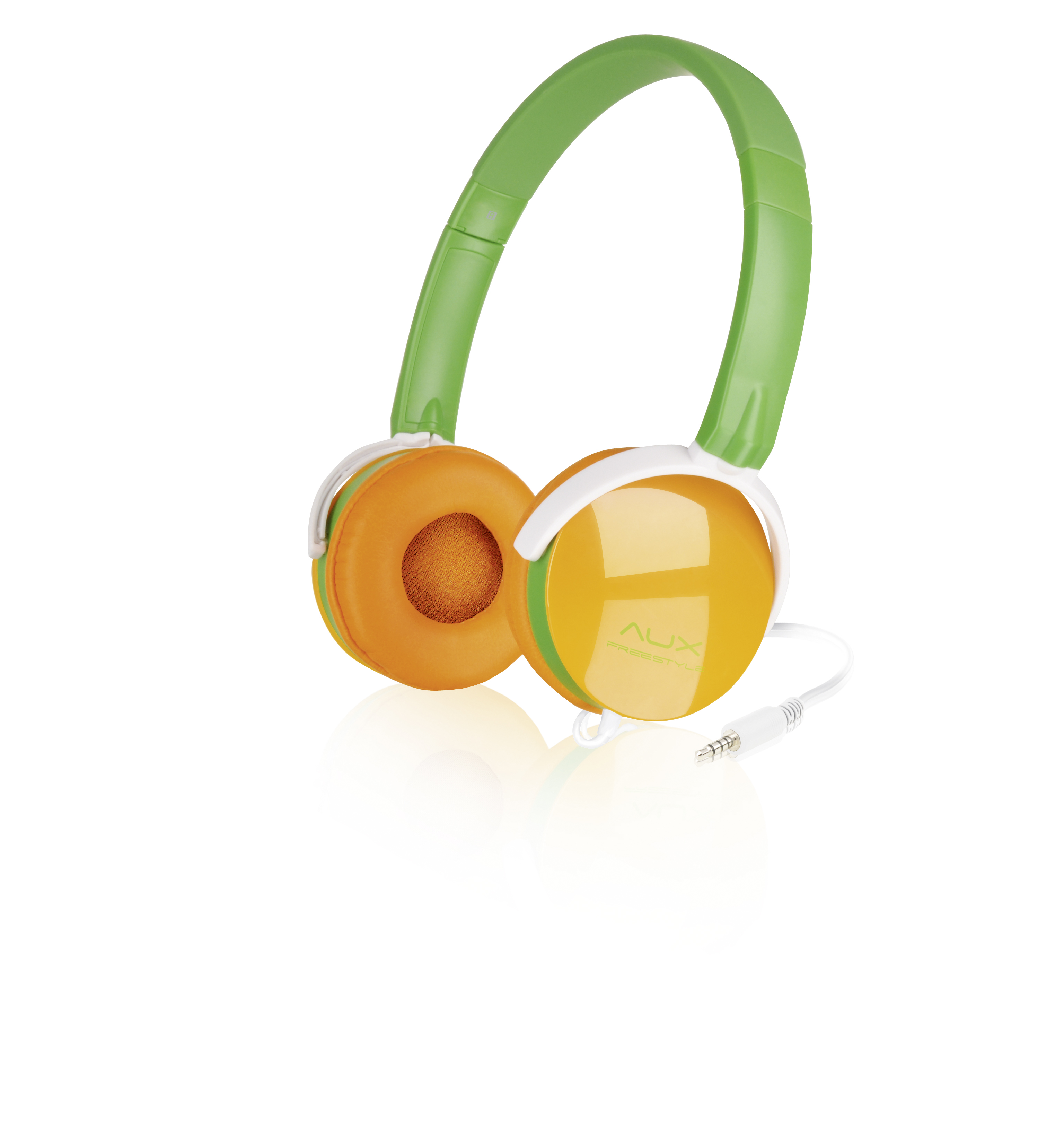 Bunter On-Ear Kopfhörer mit grünem Bügel und orangenen Ohrmuscheln, kabelgebunden mit 3,5mm Klinke