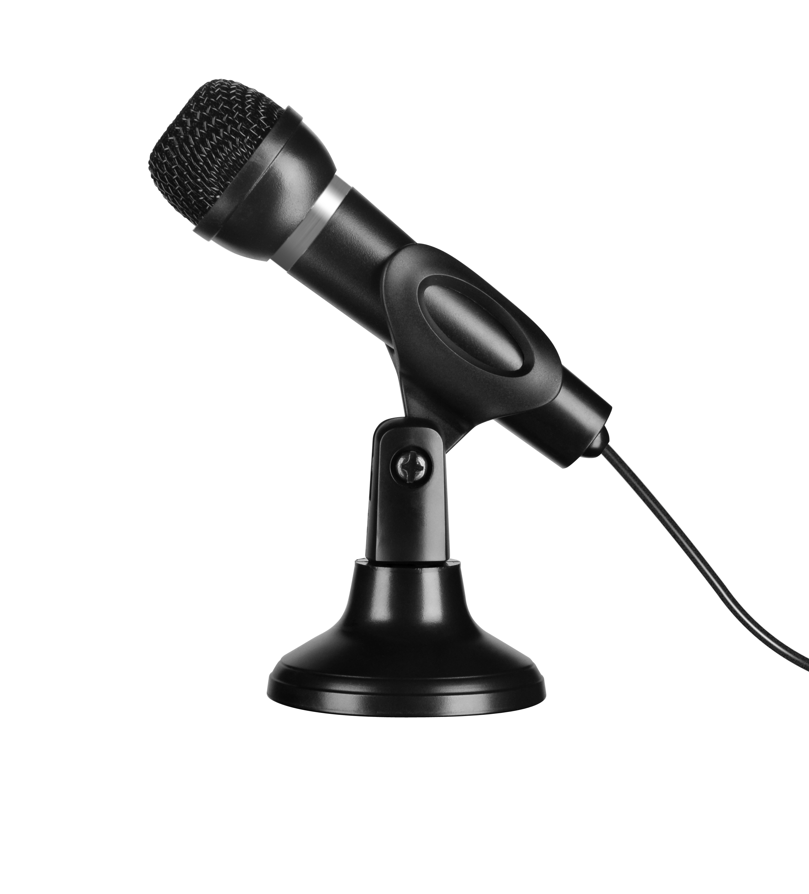Schwarzes Mikrofon auf einem Tischständer mit Kabel, ideal für Aufnahmen, Podcasts oder Gesang