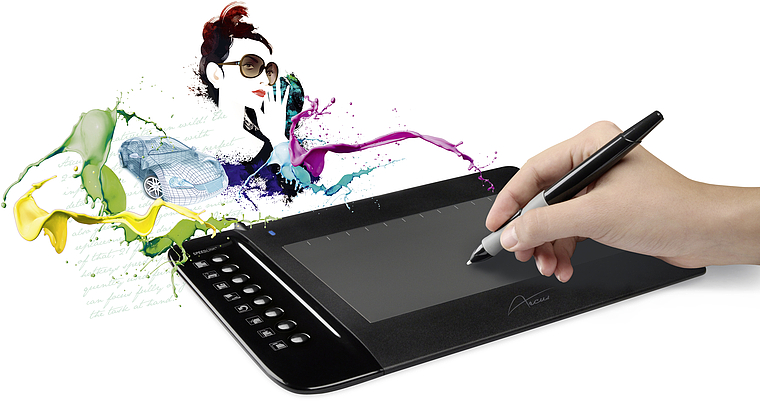 Hand zeichnet mit einem Stylus auf einem Grafiktablett, bunte digitale Illustrationen entstehen auf dem Tablet