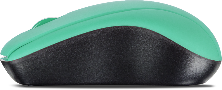 Seitliche Ansicht einer kabellosen Computermaus mit grünem Gehäuse und schwarzer Unterseite