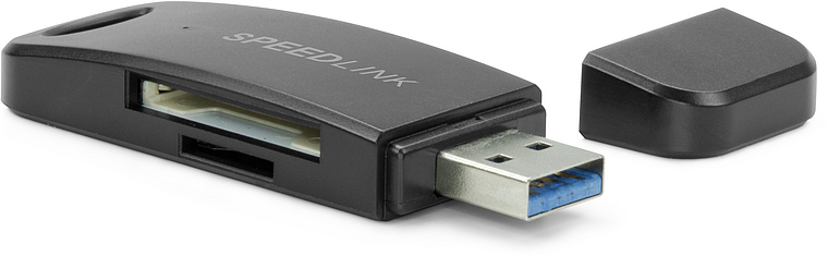 Schwarzer SPEEDLINK USB 3.0 Kartenleser mit abgenommener Schutzkappe, geeignet für SD- und microSD-Karten