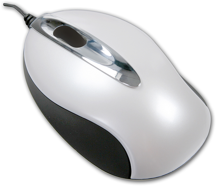 Weiße, ergonomisch geformte kabelgebundene Computermaus mit schwarzem seitlichen Griff und silbernem Scrollrad