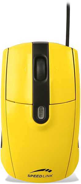 Gelbe kabelgebundene Computermaus von SPEEDLINK mit ergonomischem Design und schwarzem Scrollrad