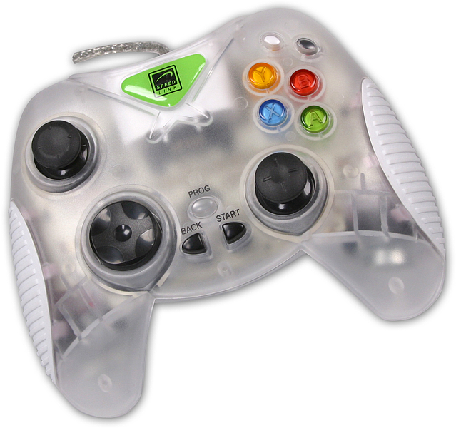 Kabelgebundener, transparenter Speedlink Gamecontroller mit zwei Analogsticks, D-Pad und farbigen Tasten