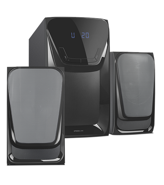 Schwarzes 2.1 Lautsprechersystem bestehend aus Subwoofer und zwei Satellitenlautsprechern mit Metallgitter und digitalem Display