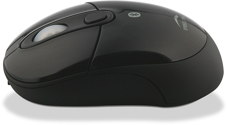 Seitenansicht einer schwarzen kabellosen Computermaus mit ergonomischem Design und zwei Tasten