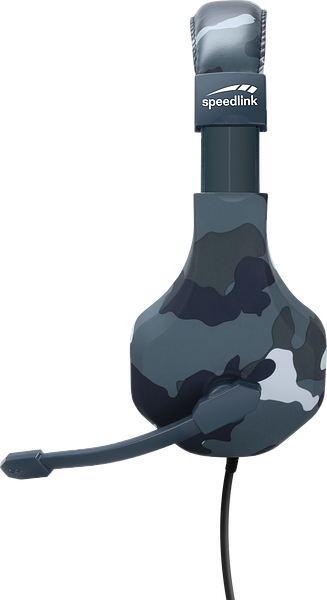 Seitliche Ansicht eines Speedlink Gaming-Headsets im Camouflage-Look mit integriertem Mikrofon