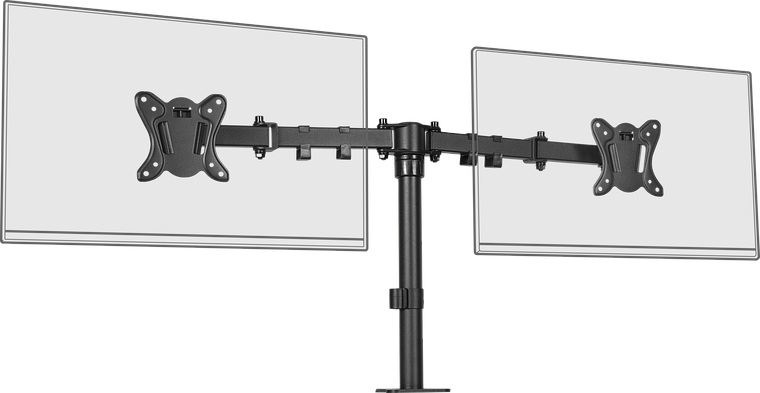 Schwarze, höhenverstellbare Tischhalterung für zwei Monitore nebeneinander