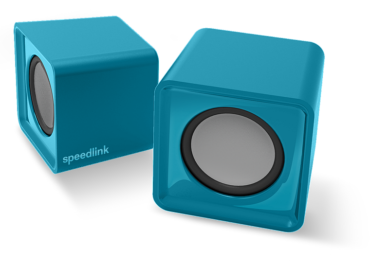 Zwei blaue Speedlink Mini-Lautsprecher in Würfelform für den Anschluss an PC oder Notebook
