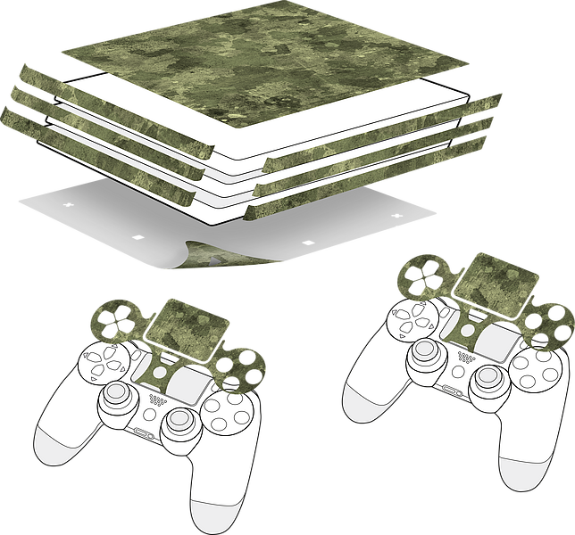 Abgebildet ist ein Camouflage Skin Sticker Set zur individuellen Gestaltung einer Playstation Konsole und der zugehörigen Controller.