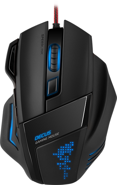 Schwarze Speedlink Decus Gaming-Maus mit blauer LED-Beleuchtung und ergonomischer Form