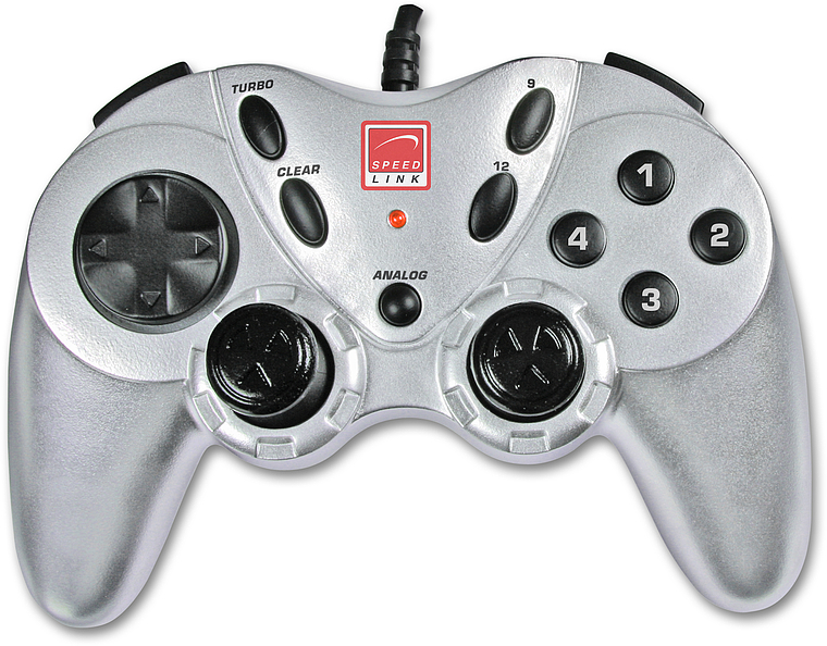 Silbernes Speedlink Gamepad mit Kabel, Richtungstasten, Analogsticks und Funktionstasten für PC-Gaming