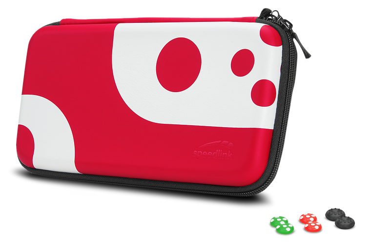 Abgebildet ist eine Schutzhülle für die Nintendo Switch im auffälligen rot-weißen Design mit Reißverschluss sowie vier kleine bunte Joystick-Aufsätze.
