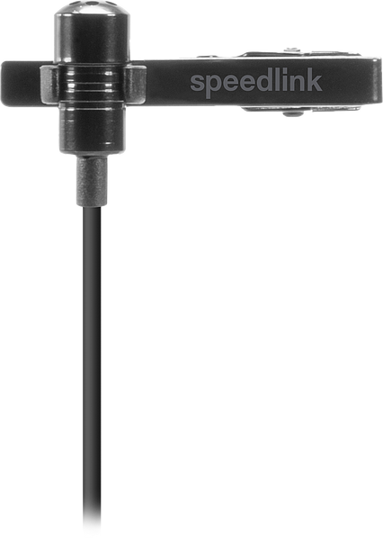 Schwarzes Speedlink Ansteckmikrofon mit Kabel, seitliche Ansicht