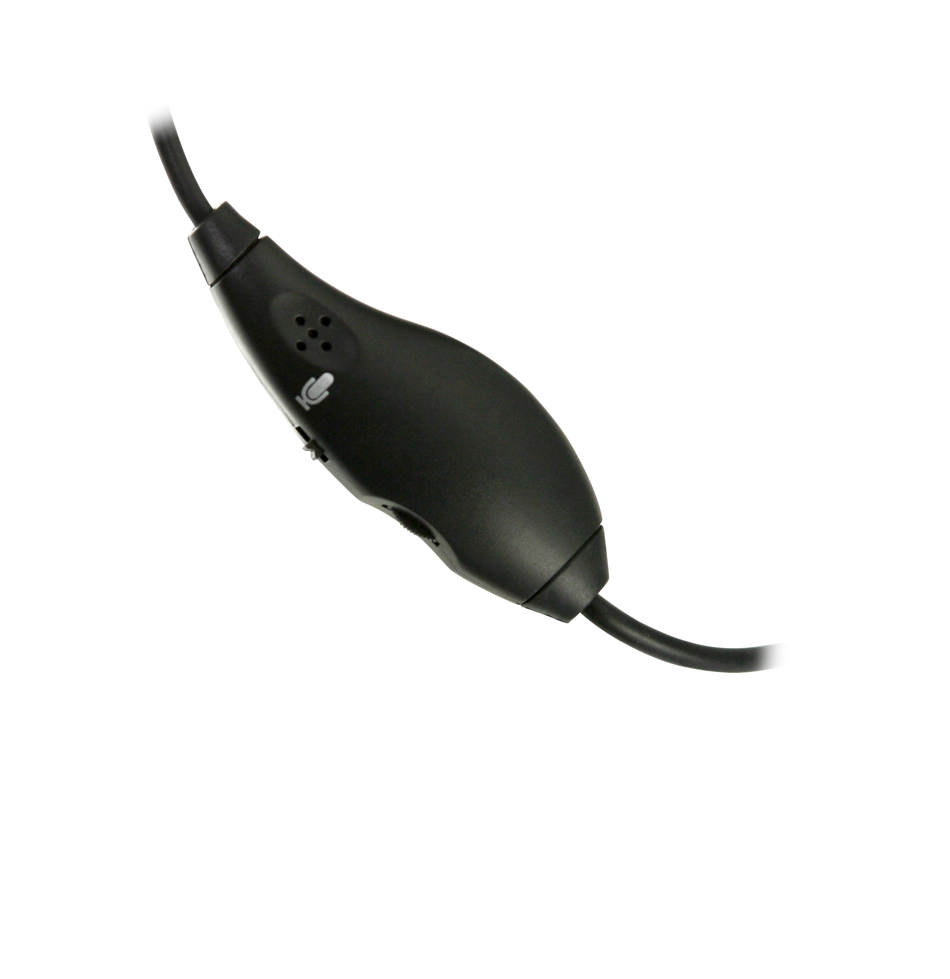 Abbildung eines schwarzen Inline-Mikrofons mit Kabel und Steuerungstasten für Headset oder Kopfhörer