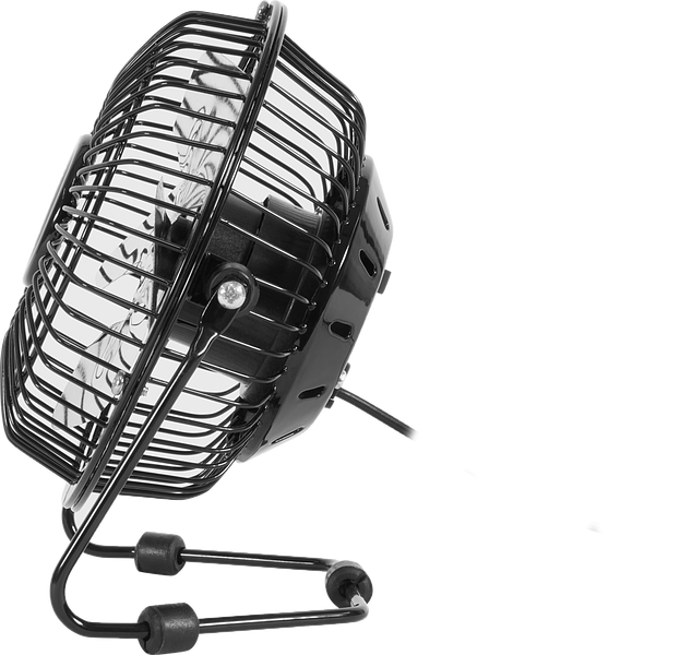 Kleiner schwarzer Tischventilator aus Metall mit Schutzgitter, seitliche Ansicht, steht auf einem Gestell und wird per USB-Kabel betrieben