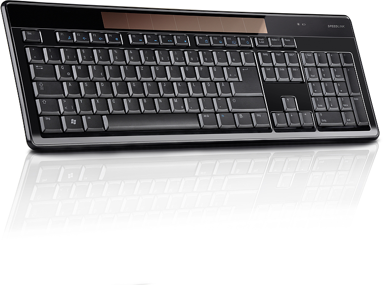 Schwarze kabellose Tastatur mit Solarpanel, deutschem QWERTZ-Layout und flacher Bauweise, geeignet für Büro und Alltag