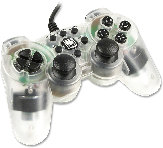 Ein transparenter kabelgebundener Gamecontroller mit zwei Analog-Sticks, Steuerkreuz und mehreren Tasten, geeignet für PC oder Konsole