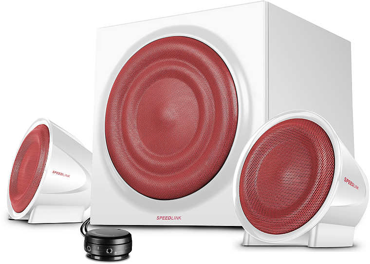 Weißes SPEEDLINK 2.1 Soundsystem mit Subwoofer und zwei Satellitenlautsprechern, rote Lautsprechergitter, inklusive Kabelfernbedienung