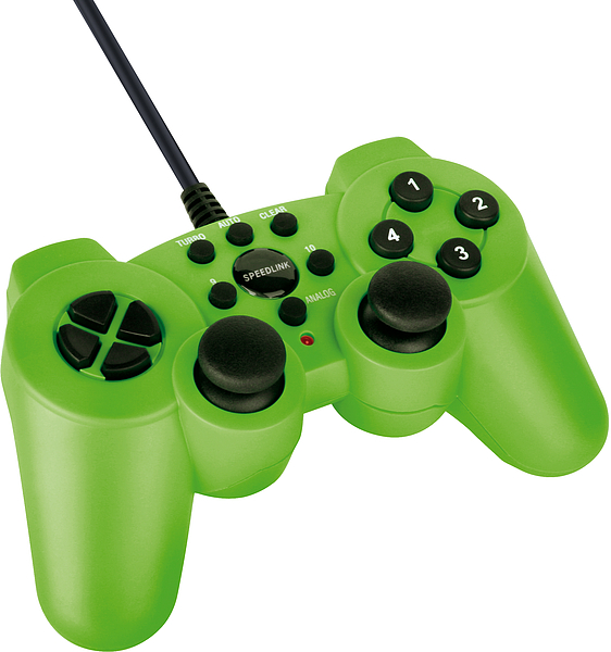 Grüner kabelgebundener Gamecontroller mit zwei Analogsticks, Steuerkreuz und Funktionstasten für Gaming
