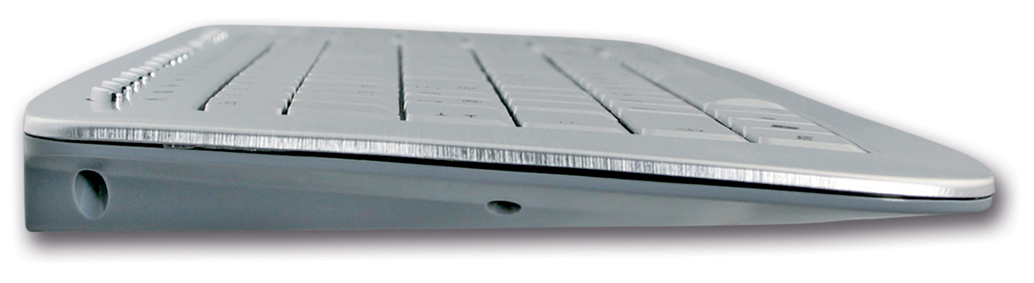 Seitliche Ansicht einer ultraflachen Tastatur mit schlankem, ergonomischem Design, ideal für Büro oder Homeoffice