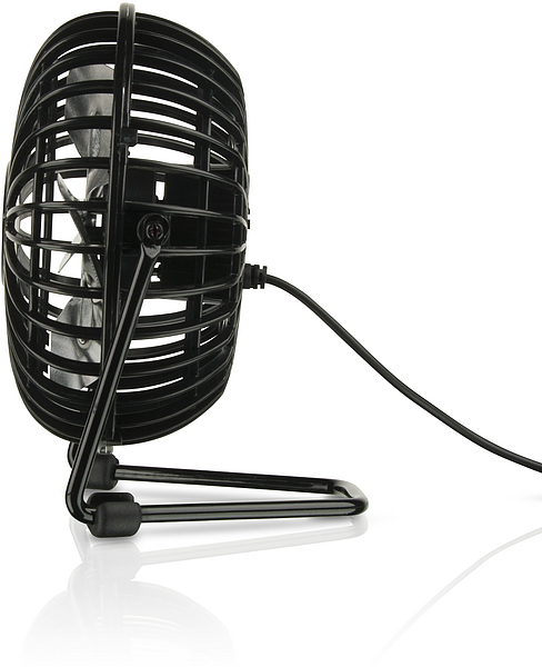 Seitenansicht eines kompakten schwarzen USB-Tischventilators mit Kabelanschluss