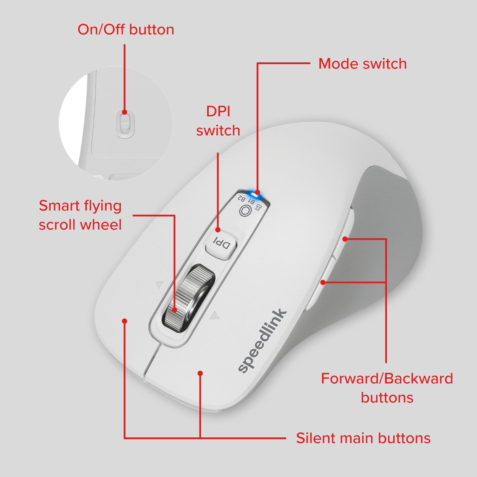 VELORA wiederaufladbare Maus - kabellos, Bluetooth, Smart Flying Scroll Wheel, weiß