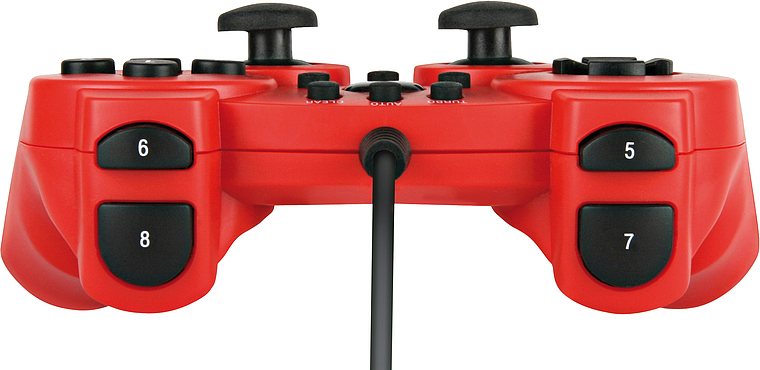Roter kabelgebundener Gamecontroller mit nummerierten Tasten 5, 6, 7 und 8, Vorderansicht