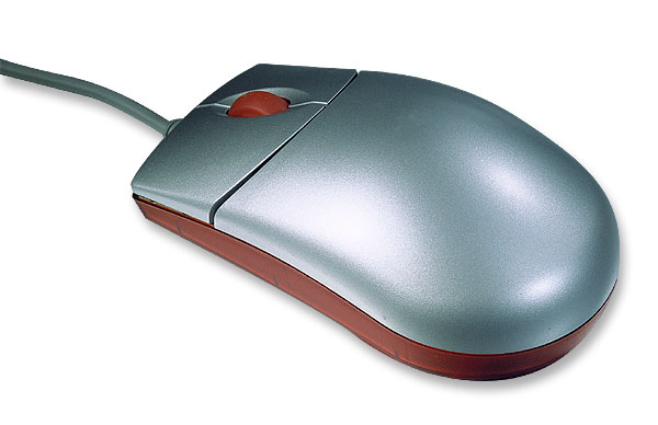 Silberne, kabelgebundene Computermaus mit rotem Scrollrad, ergonomisches Design