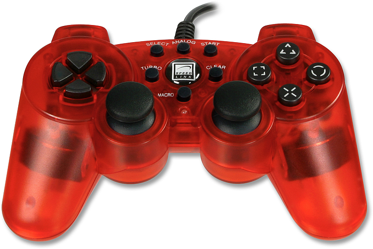 Roter transparenter Gamecontroller mit Kabel, Steuerkreuz, zwei Analogsticks und mehreren Funktionstasten