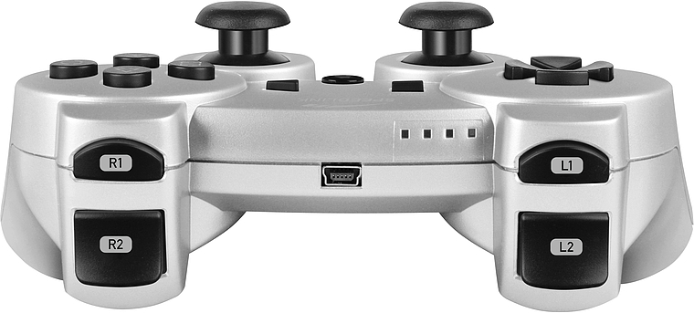 Vorderansicht eines silbernen PlayStation-Controllers mit sichtbaren Tasten R1, R2, L1, L2 und zwei Analogsticks
