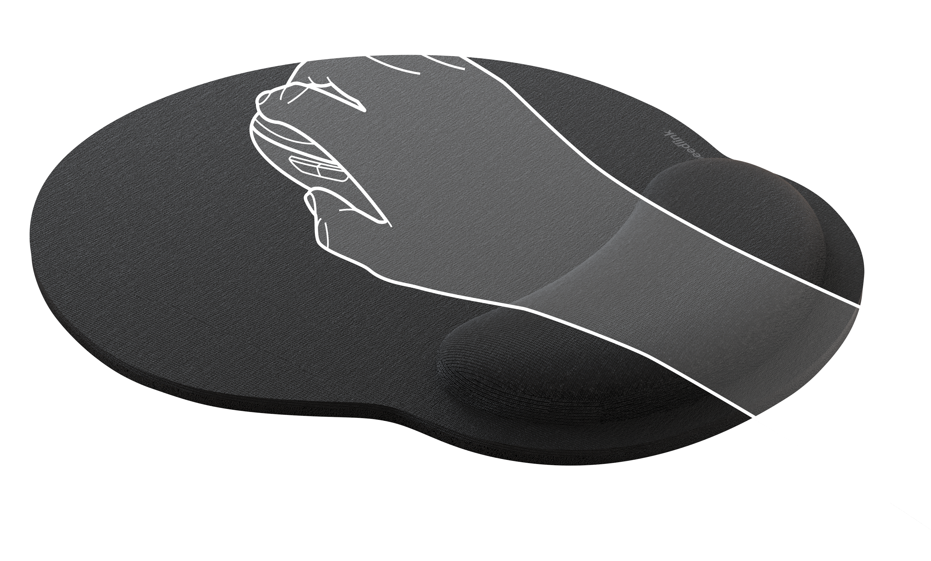 Schwarzes ergonomisches Mauspad mit weicher Handgelenkauflage und einer stilisierten Hand, die eine Maus bedient