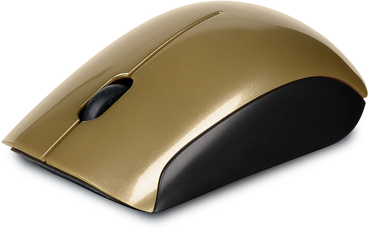 Kabellose gold-schwarze Computermaus mit ergonomischer Form, seitlicher Ansicht