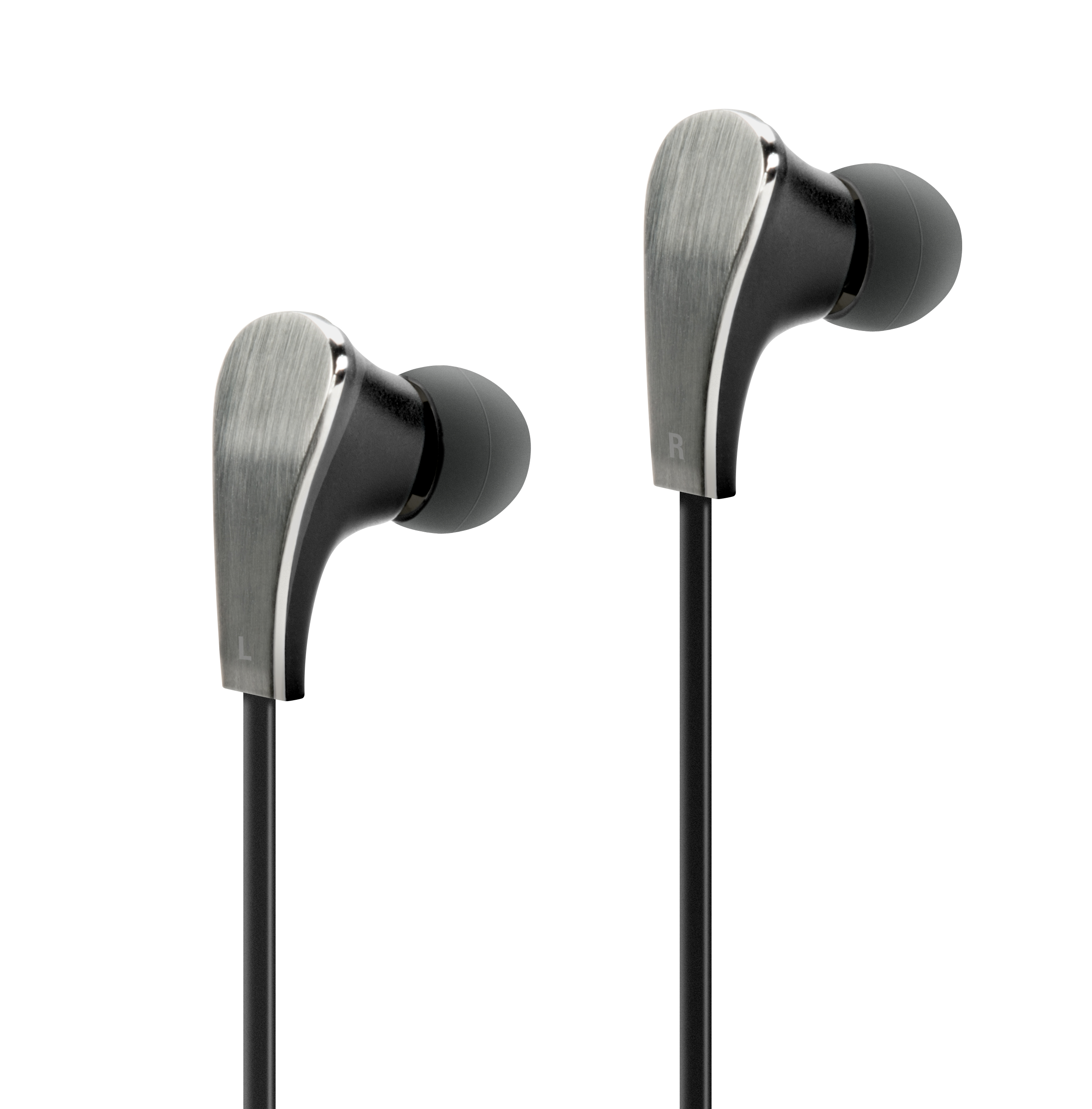 Modernes In-Ear-Kopfhörer-Paar mit schwarzem Kabel, Metallgehäuse und Silikon-Ohrstöpseln, Ansicht von vorne