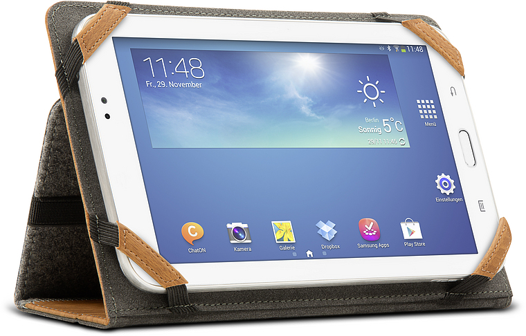 Tablet mit Displayanzeige in brauner Hülle mit Standfunktion, Apps und Wetteranzeige sichtbar