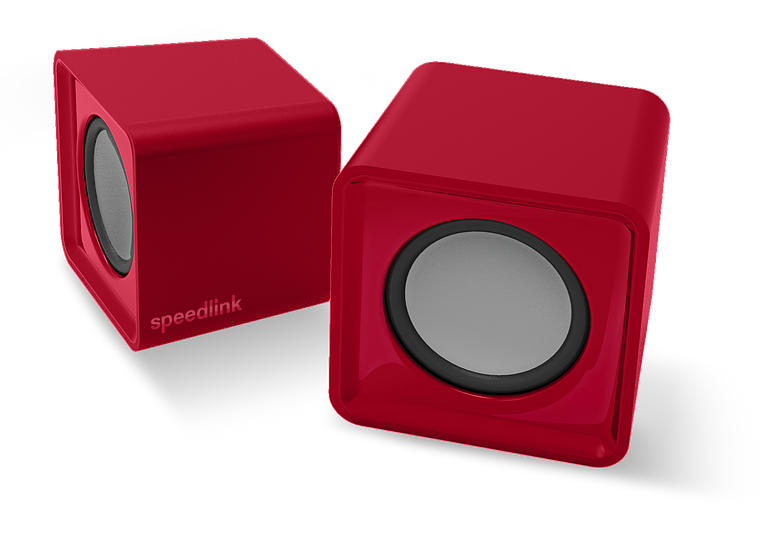 Rotes Speedlink Mini-Lautsprecher Set in Würfelform, ideal für PC und Laptop