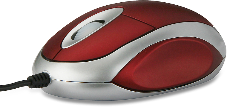 Rote Kabelmaus mit silbernen Akzenten und ergonomischer Form für den Computer